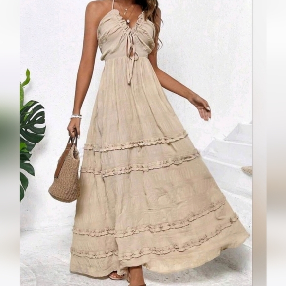 NWOT Boho Tie Back Ruffle Tiered Maxi Dress - Picture 3 of 7